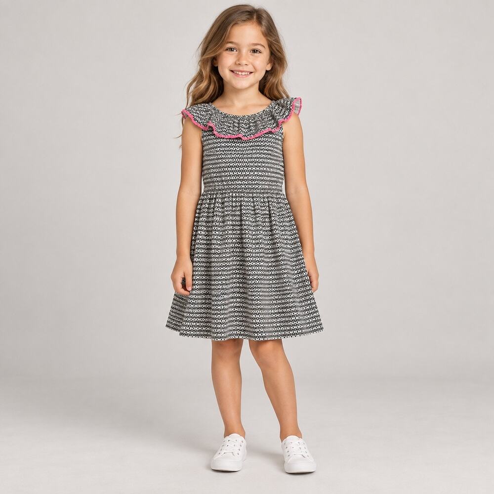 Carter’s Girls Size 7 Black White Geometric Knit Dress Pink Pom Trim